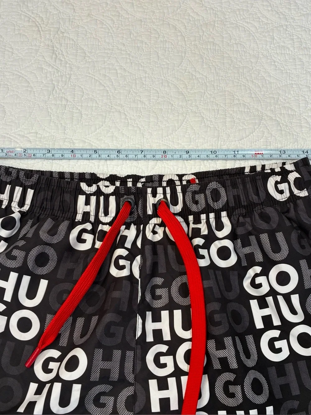 HUGO Boss Mens Swim Trunks Fame Allover Logo Print Board Shorts Black Red S